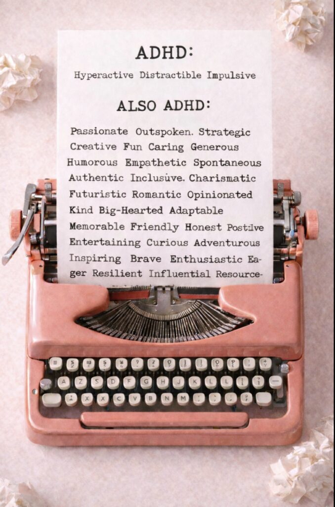 Vintage pink typewriter displaying positive ADHD traits, reframing ADHD strengths in therapy and coaching
